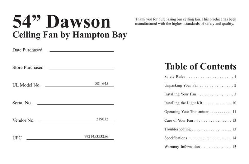 Hampton Bay AC426 Dawson 54 in. Ceiling Fan Ceiling Fan Operating Manual