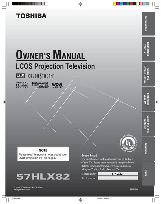 Toshiba 57HLX82 Consumer Electronics Operating Manual