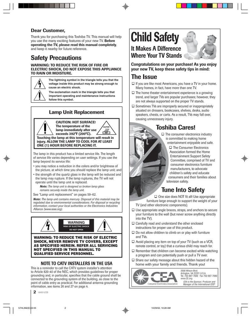 Toshiba 57HLX82 Consumer Electronics Operating Manual