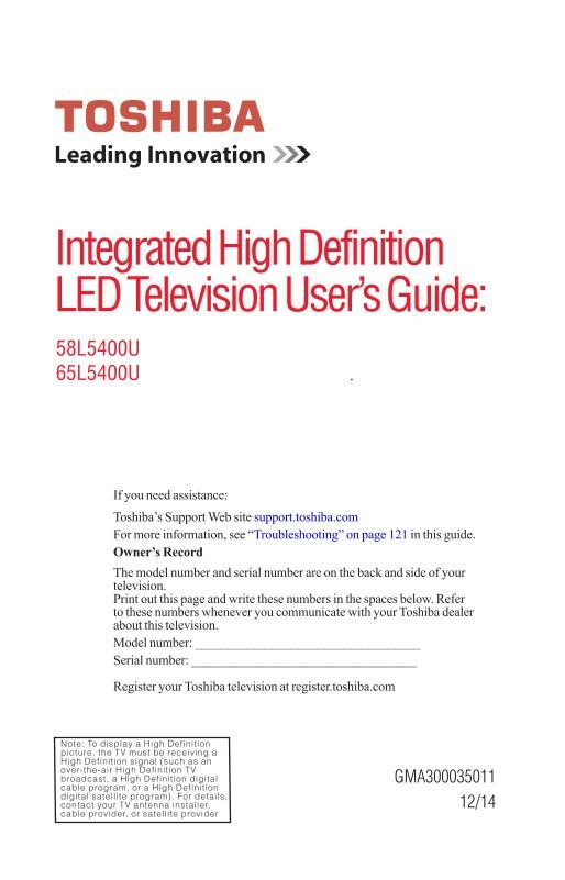 Toshiba 58L5400U 58L5400UC 65L5400U TV Operating Manual