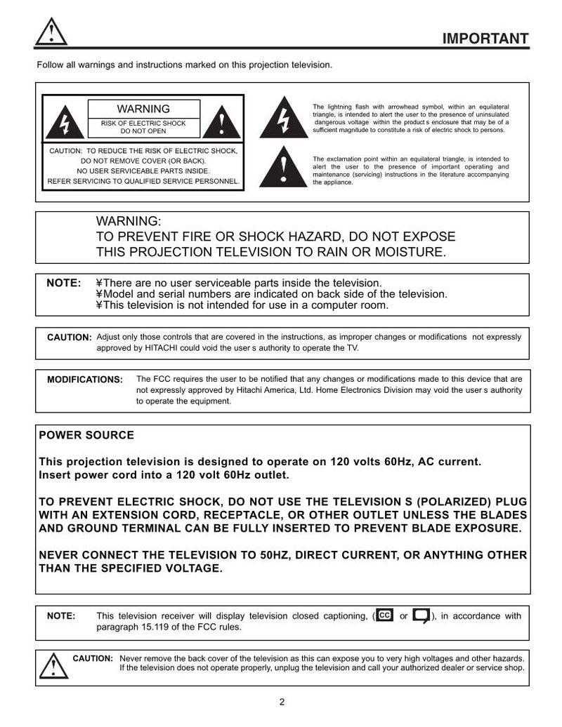 Hitachi 53 SBX 59B 59BK 61 TV Operating Manual