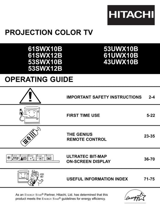 Hitachi 43 UWX 10B 53 SWX 12B TV Operating Manual