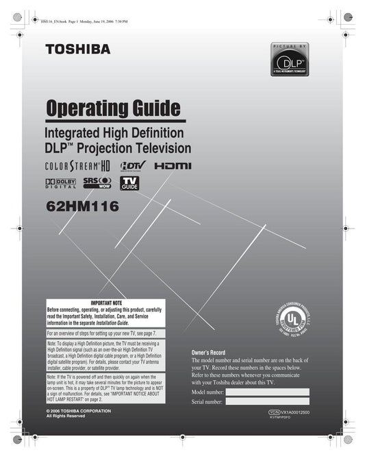 Toshiba 62HM116 TV Operating Manual