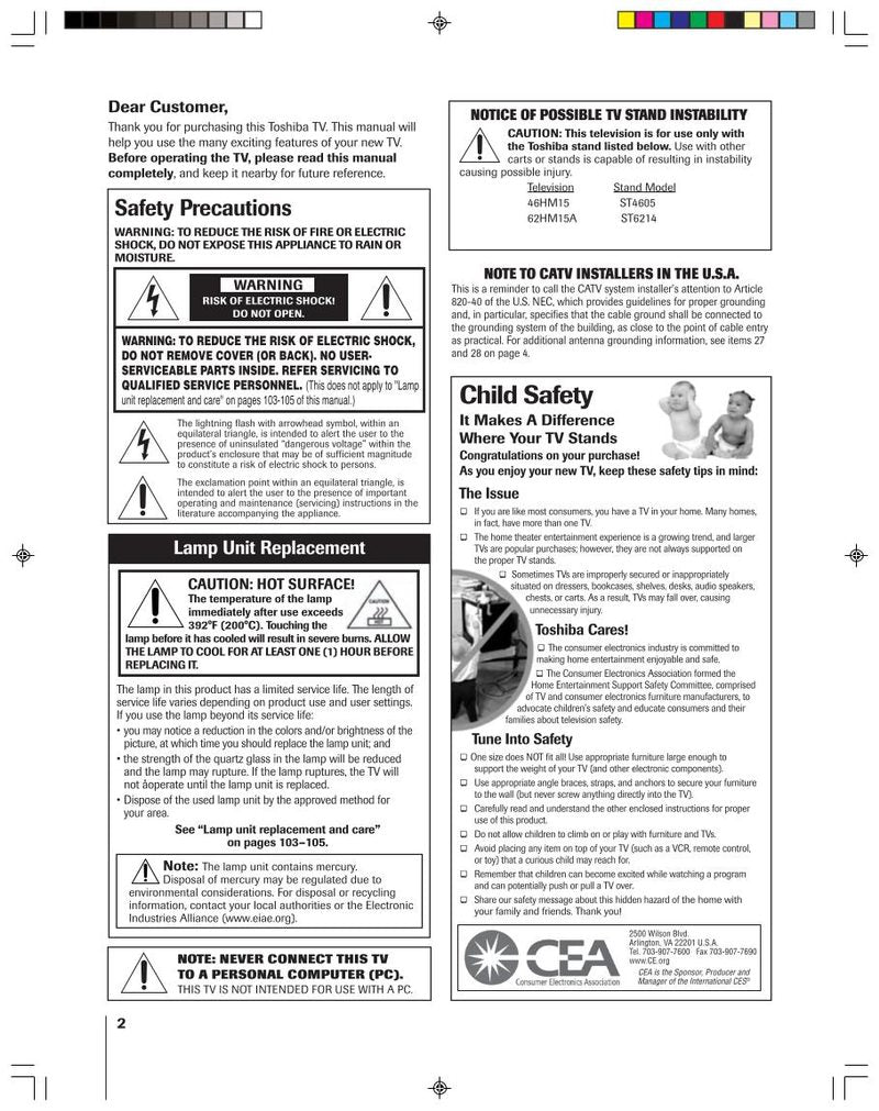 Toshiba 46HM15 62HM15A TV Operating Manual