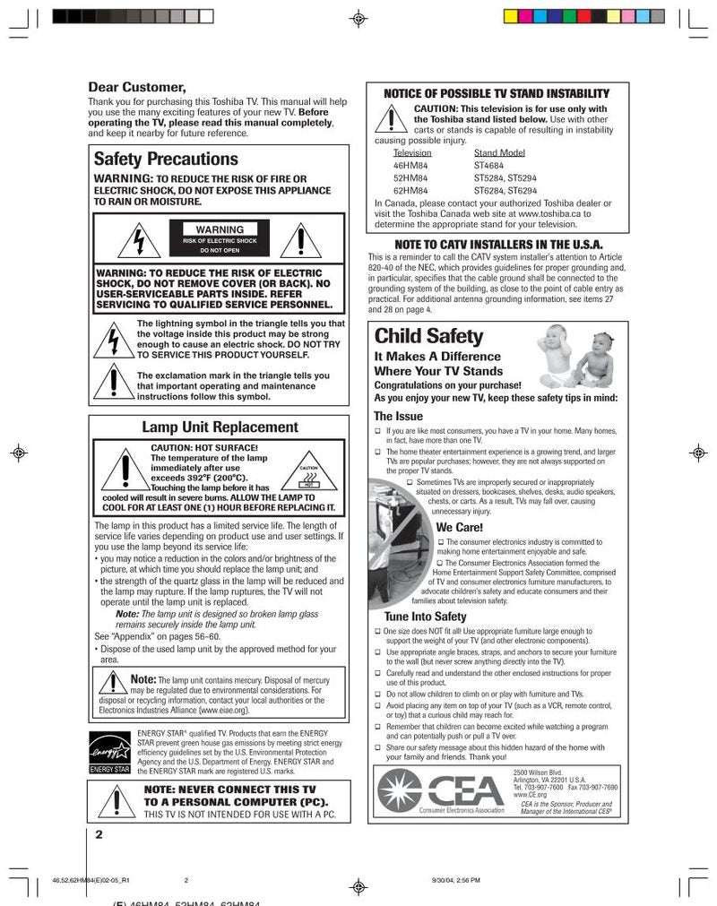 Toshiba 62HM84OM TV Operating Manual