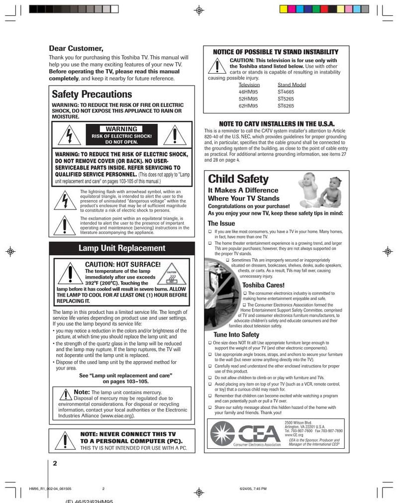 Toshiba 42HM95 46HM95 52HM95 TV Operating Manual