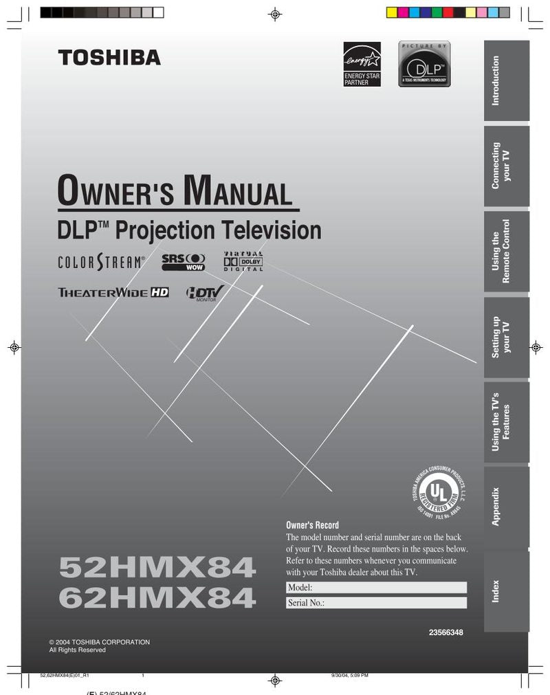 Toshiba 52HMX84 62HMX84 TV Operating Manual