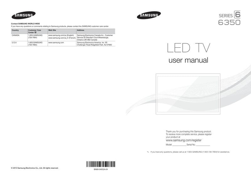 Samsung UN32F6350 UN32F6350AFXZA UN40F6350 TV Operating Manual