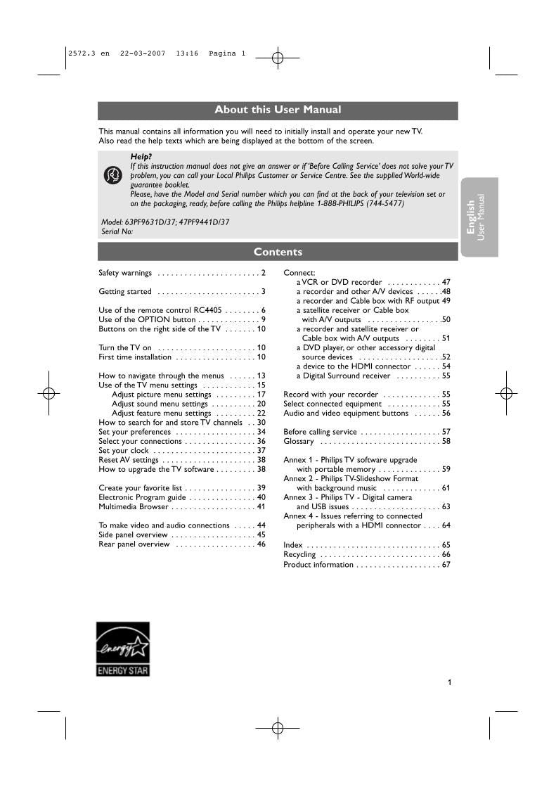 Philips 47PF9441D/37 47PF9441D37 63PF9631D/37 Consumer Electronics Operating Manual