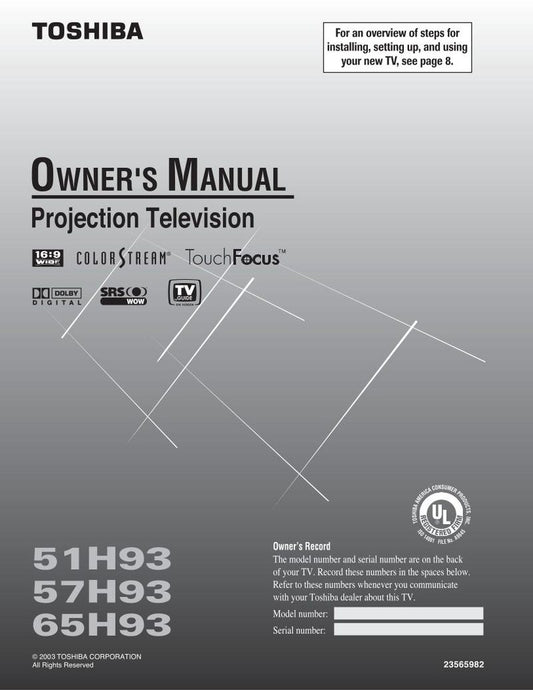 Toshiba 51H93 57H93 65H93 Consumer Electronics Operating Manual