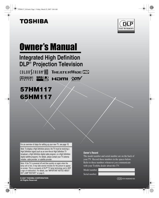 Toshiba 57HM117 65HM117 TV Operating Manual