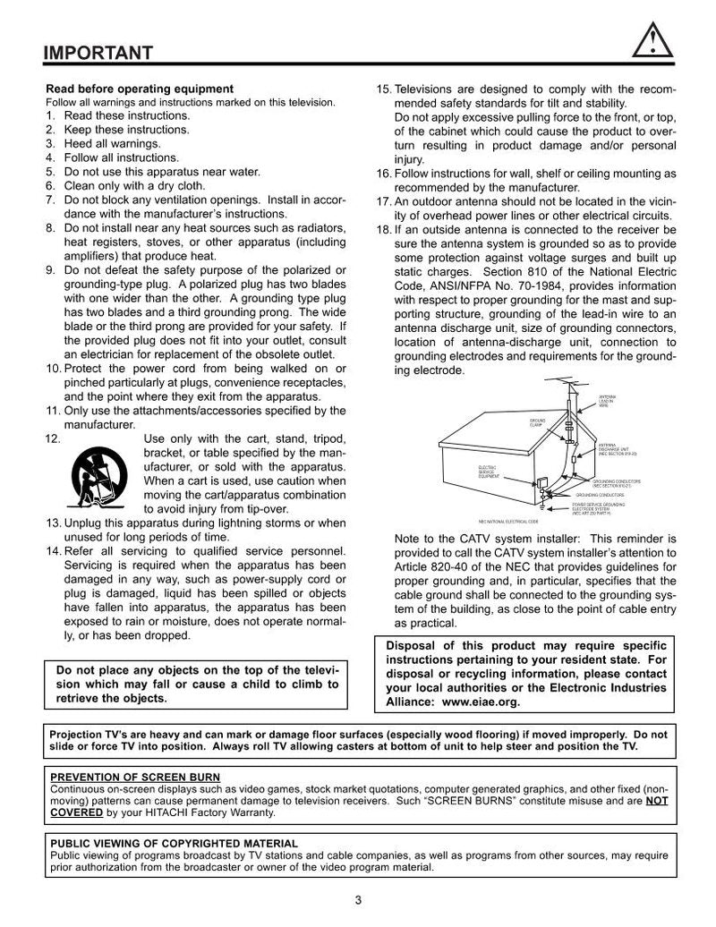 Hitachi 51 SWX 20B 57 twx 20b TV Operating Manual