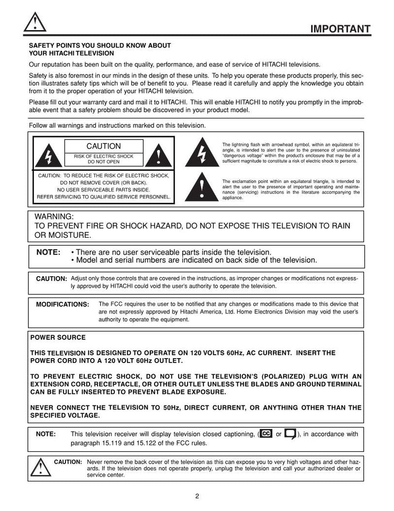 Hitachi 51 XWX 20B 57 65 TV Operating Manual