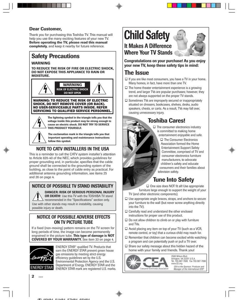 Toshiba 46H84C 51H84C 57H84C TV Operating Manual