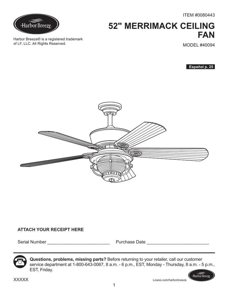 Harbor Breeze 4009452 MERRIMACKCEILINGFAN Ceiling Fan Operating Manual