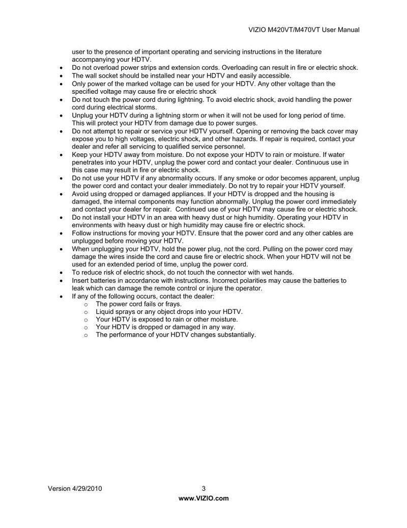 Vizio M420VT M470VT TV Operating Manual