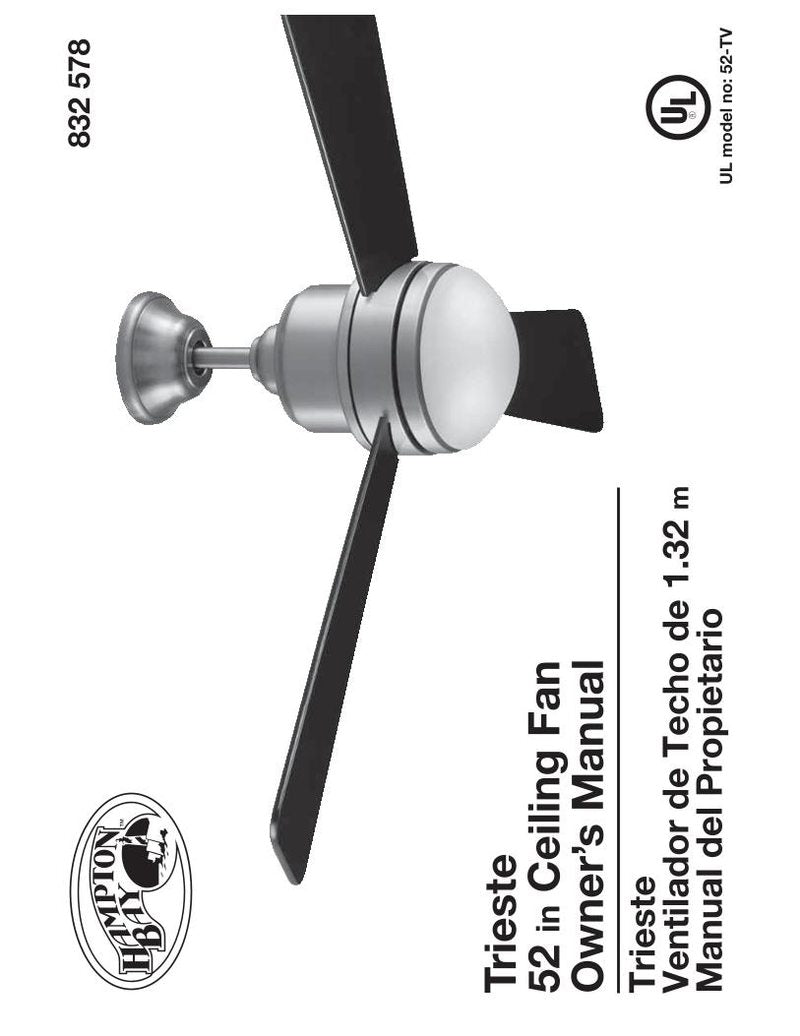 Hampton Bay 68042 Trieste 52 in Indoor Brushed Nickel Ceiling Fan Operating Manual