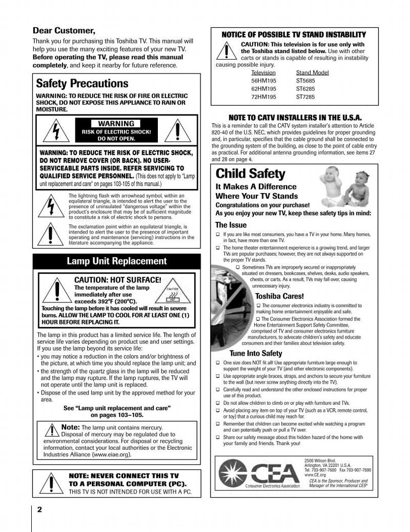 Toshiba 56HM195 62HM195 72HM195 TV Operating Manual