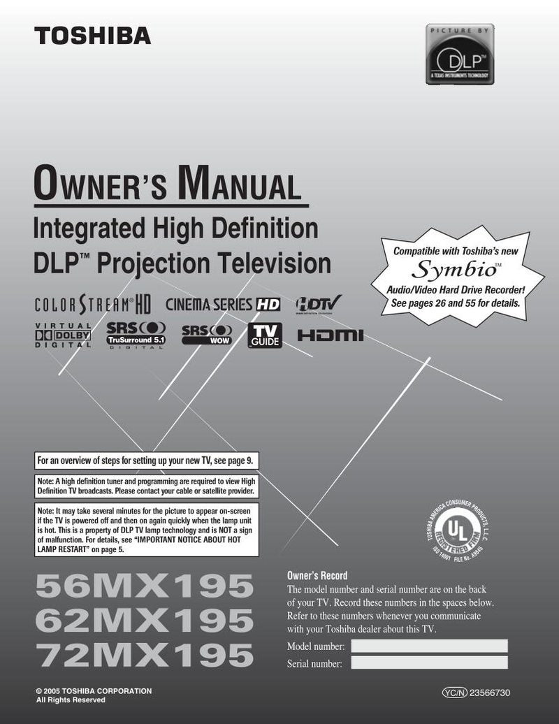 Toshiba 56MX195 62MX195 72MX195 TV Operating Manual