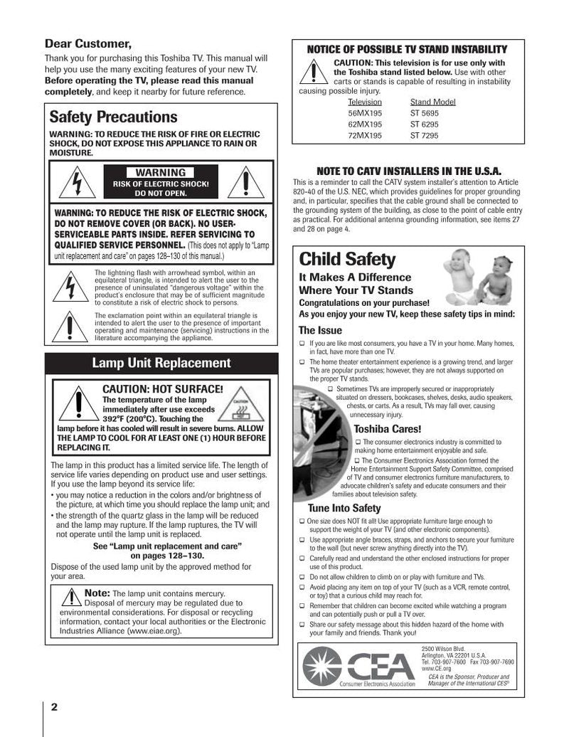 Toshiba 56MX195 62MX195 72MX195 TV Operating Manual