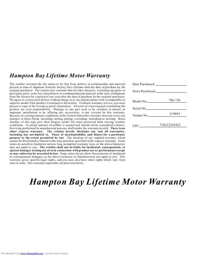 Hampton Bay 786756 Ceiling Fan Operating Manual