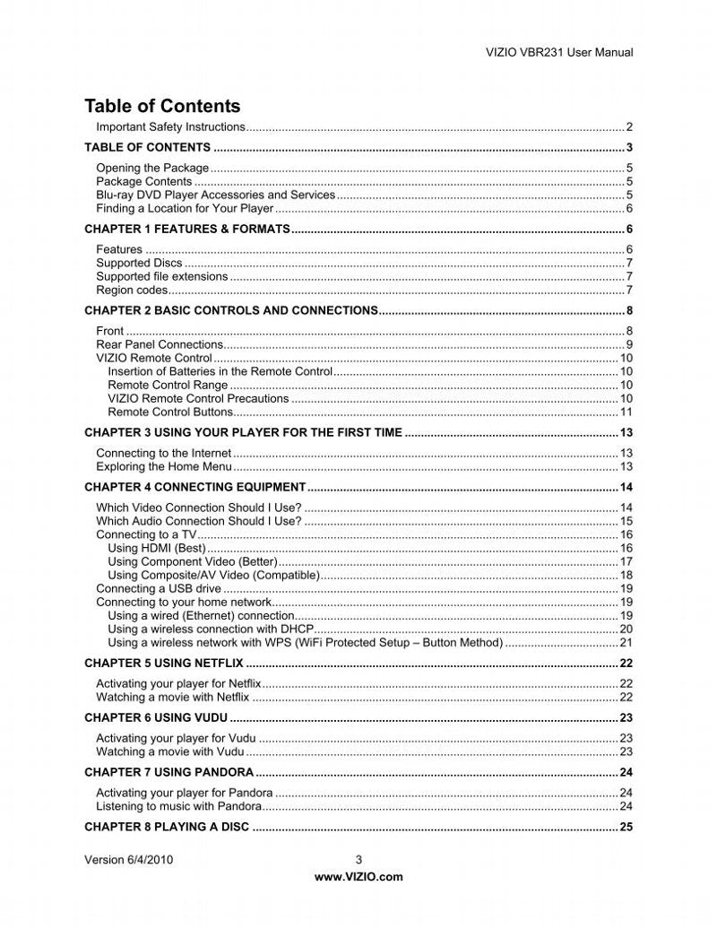 Vizio VBR231 Blu-Ray DVD Player Operating Manual