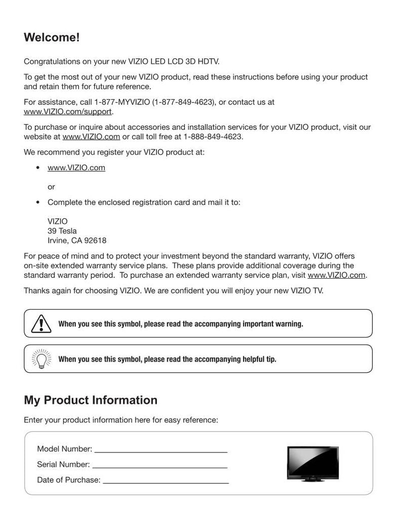 Vizio XVT3D424SV XVT3D474SV XVT3D554SV TV Operating Manual