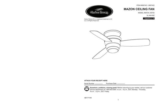 Harbor Breeze 00724 Mazon Ceiling Fan Ceiling Fan Operating Manual