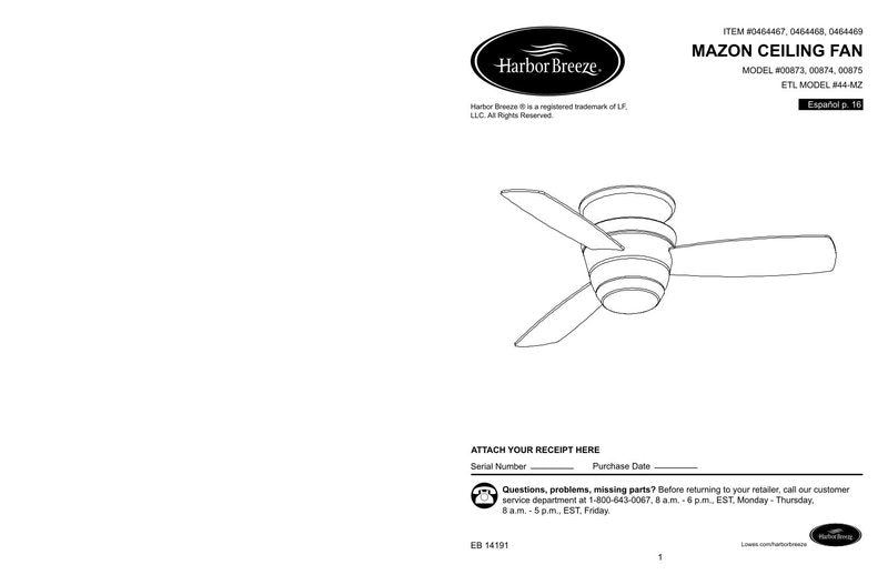 Harbor Breeze 00873 MAZON Ceiling Fan Operating Manual