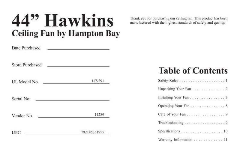 Hampton Bay CHQ8 BT 707AT Ceiling Fan Operating Manual