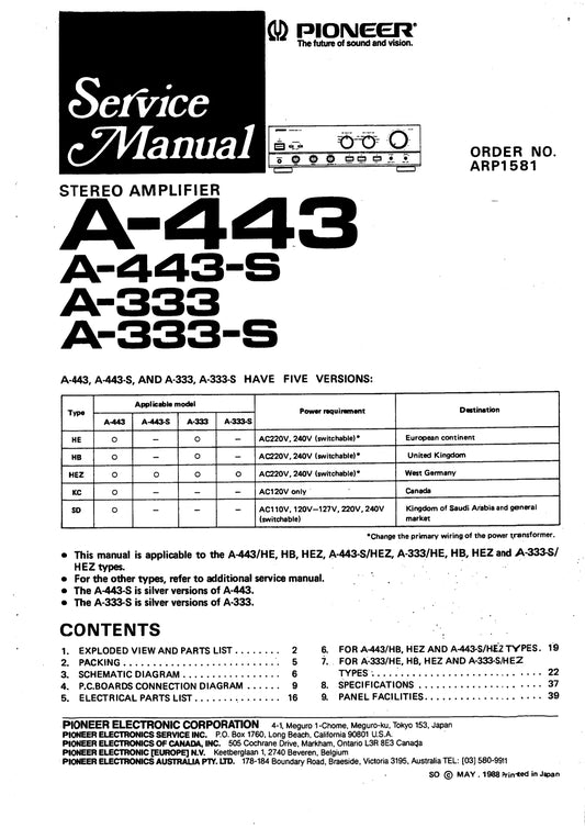 Pioneer A-333, A-333-S, A-443 & A-443-S Amplifier Service Manual (Pages: 46)