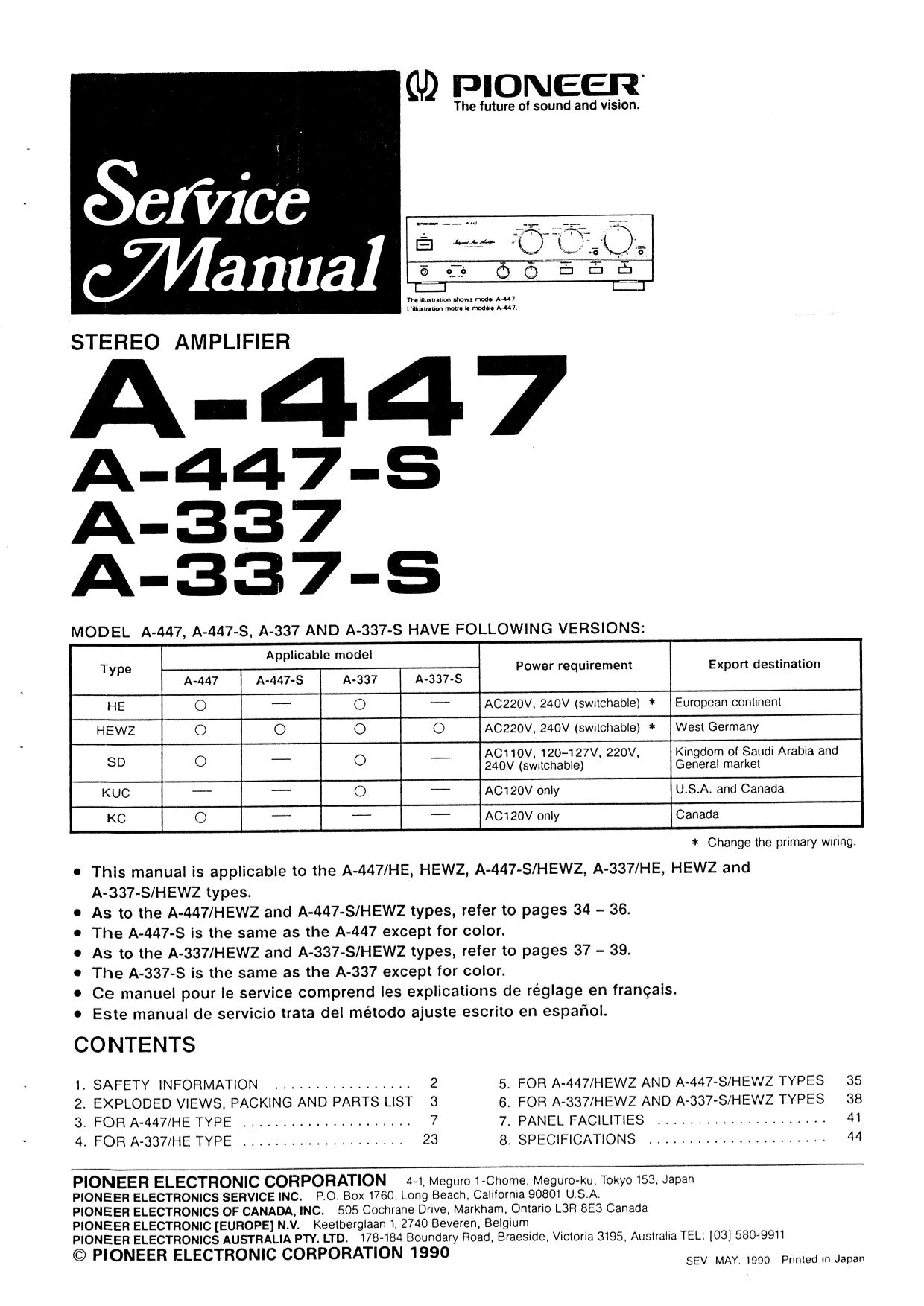 Pioneer A-337, A-337-S, A-447 & A-447-S Amplifier Service Manual (Pages: 24)