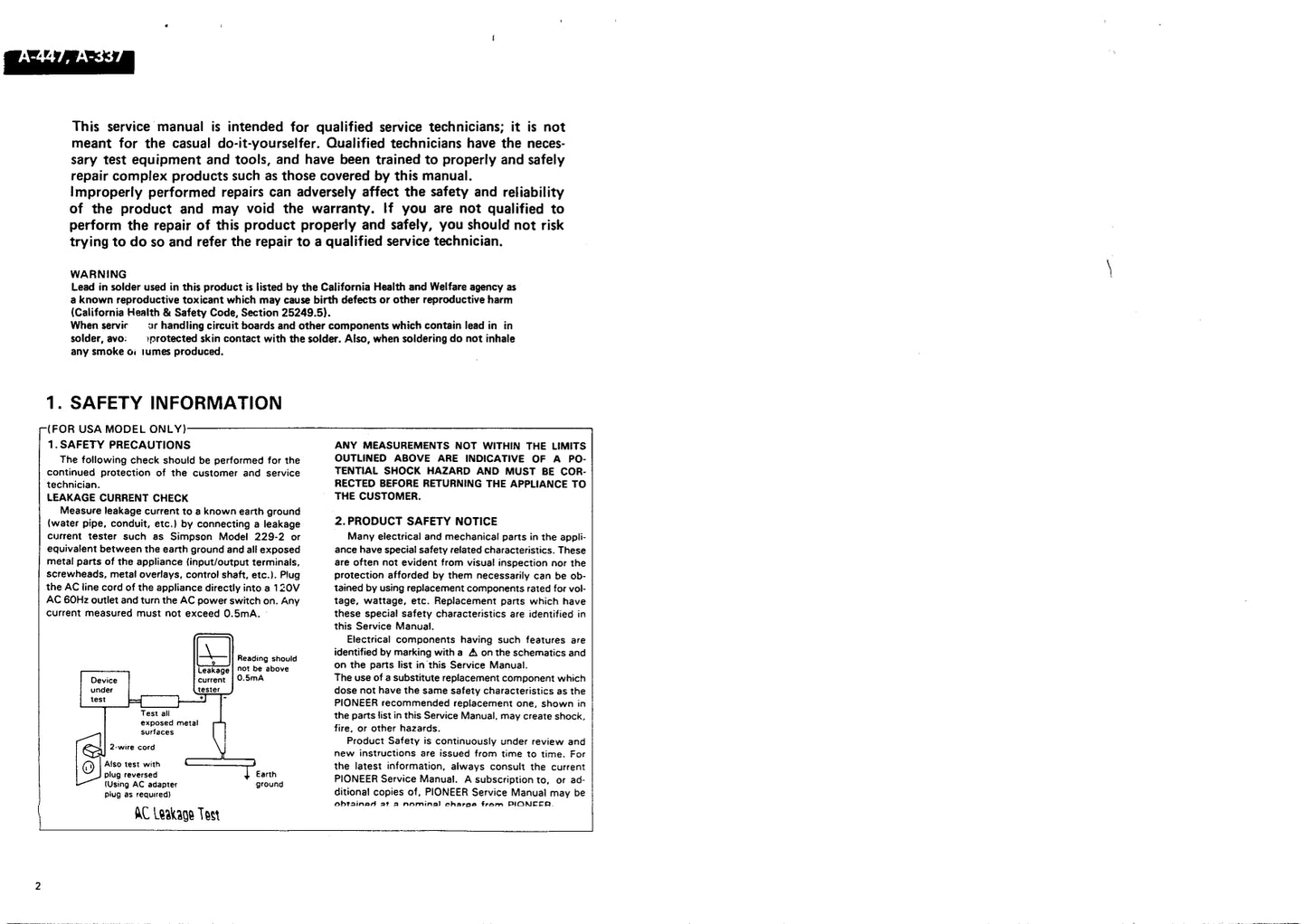 Pioneer A-337, A-337-S, A-447 & A-447-S Amplifier Service Manual (Pages: 24)