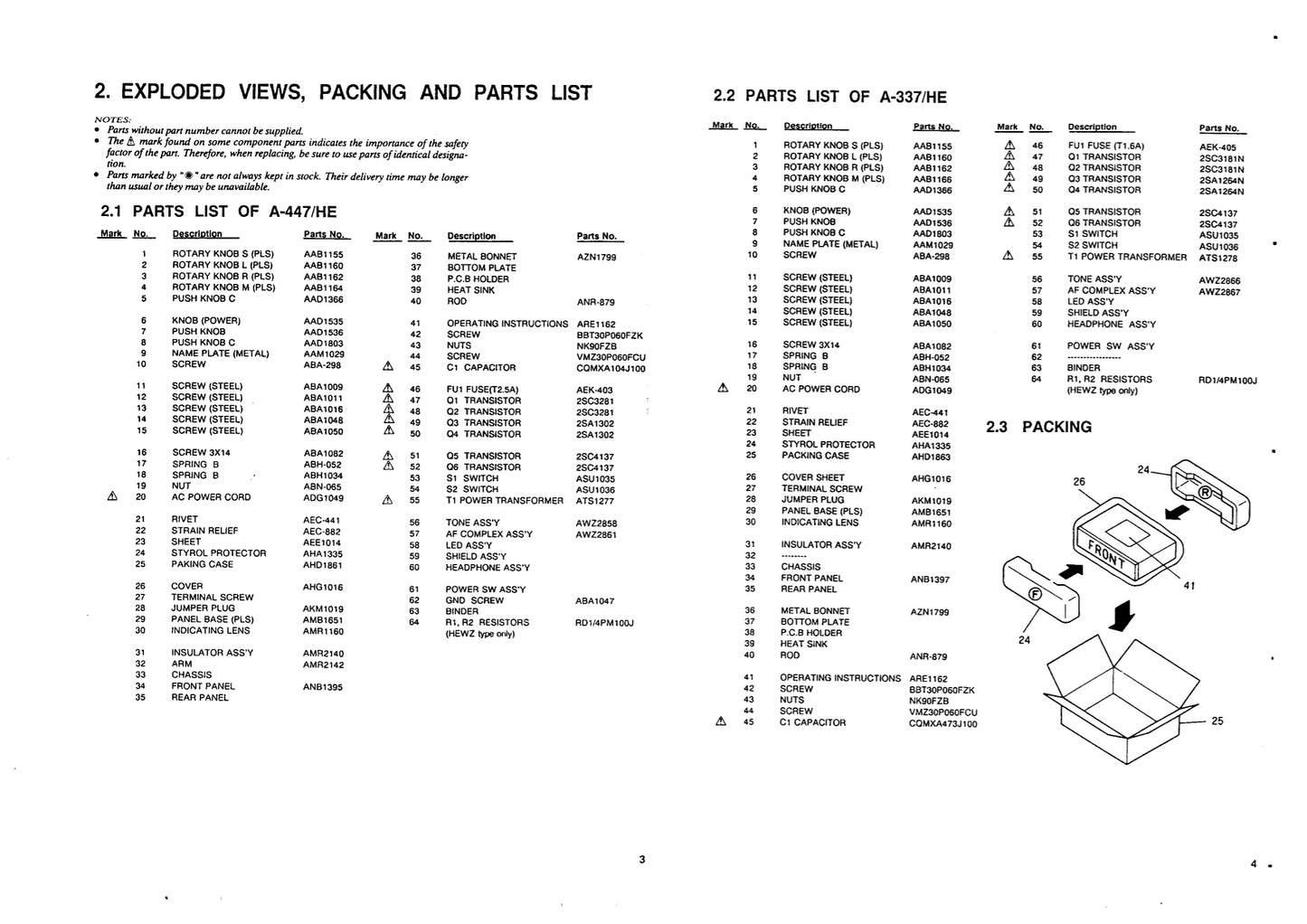 Pioneer A-337, A-337-S, A-447 & A-447-S Amplifier Service Manual (Pages: 24)