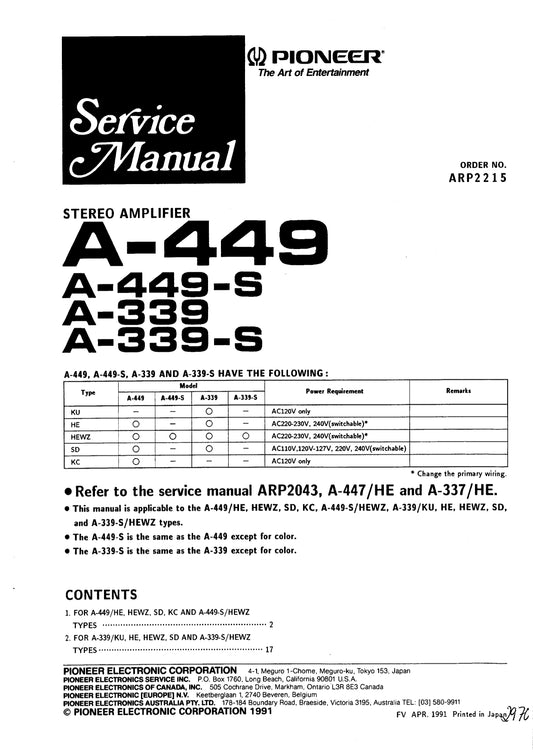 Pioneer A-339, A-339-S, A-449 & A-449S Amplifier Service Manual (Pages: 58)