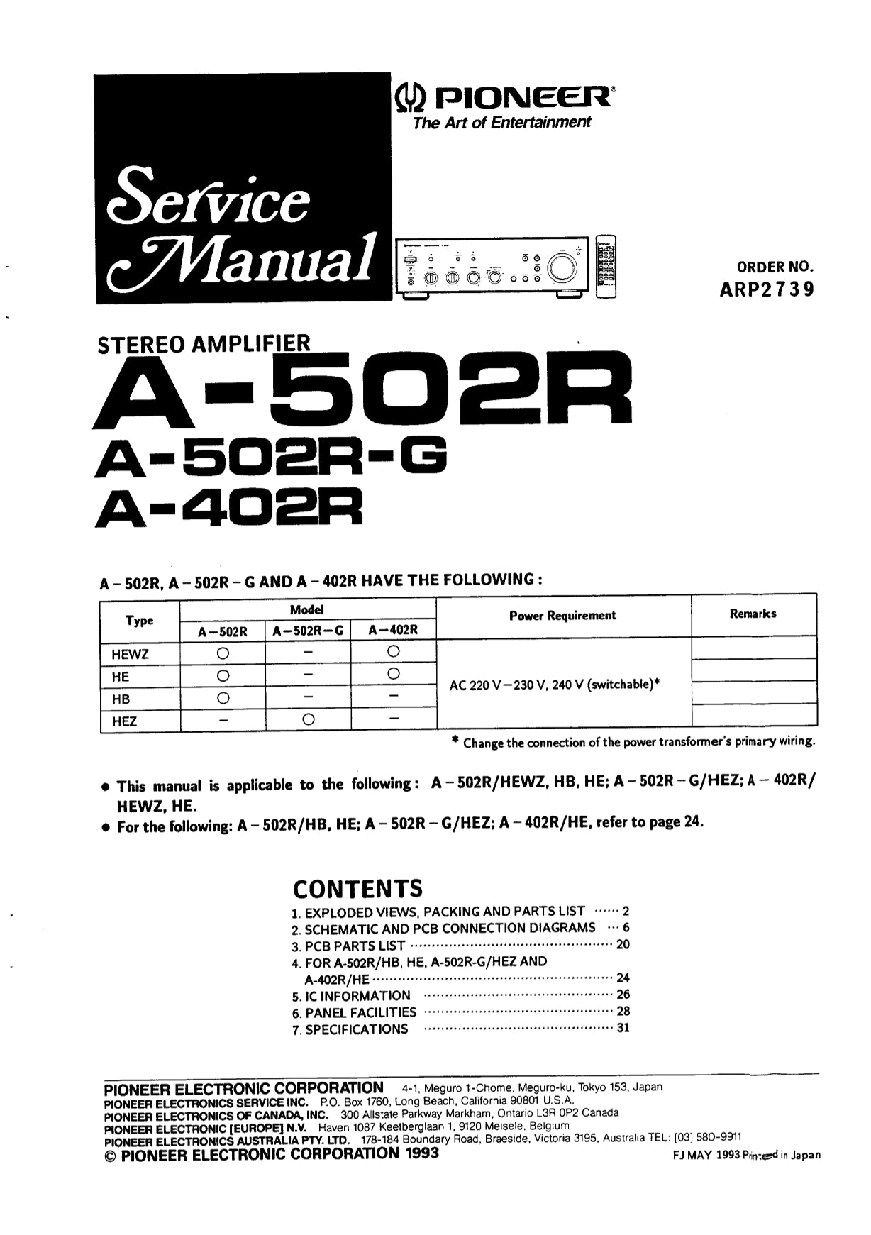Pioneer A-402R, A-502R & A-502R-G Amplifier Service Manual (Pages: 24)