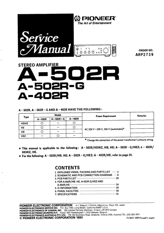 Pioneer A-402R, A-502R & A-502R-G Amplifier Service Manual (Pages: 24)