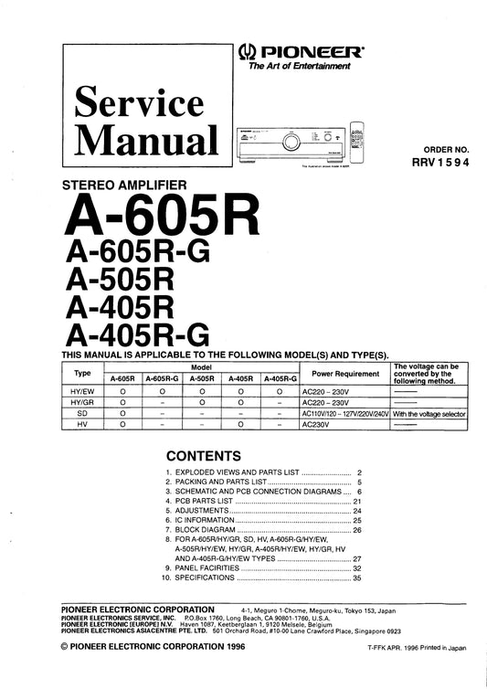Pioneer A-405R, A-505R & A-605R Amplifier Service Manual (Pages: 25)