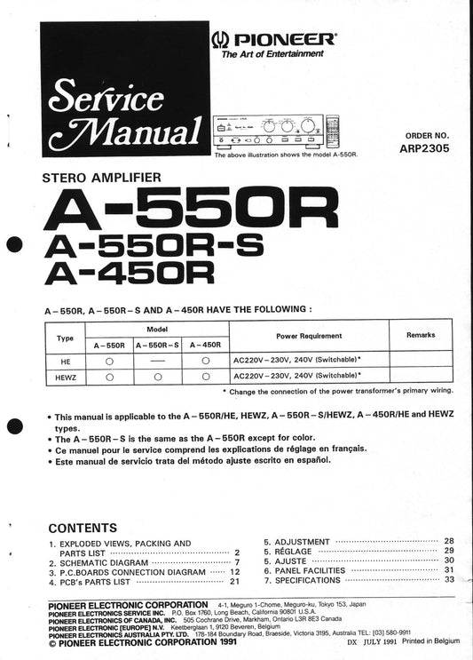 Pioneer A-450R, A-550R & A-550R-S Amplifier Service Manual (Pages: 32)