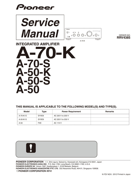 Pioneer A-50-K, A-50-S, A-70-K & A-70-S Amplifier Service Manual (Pages: 108)