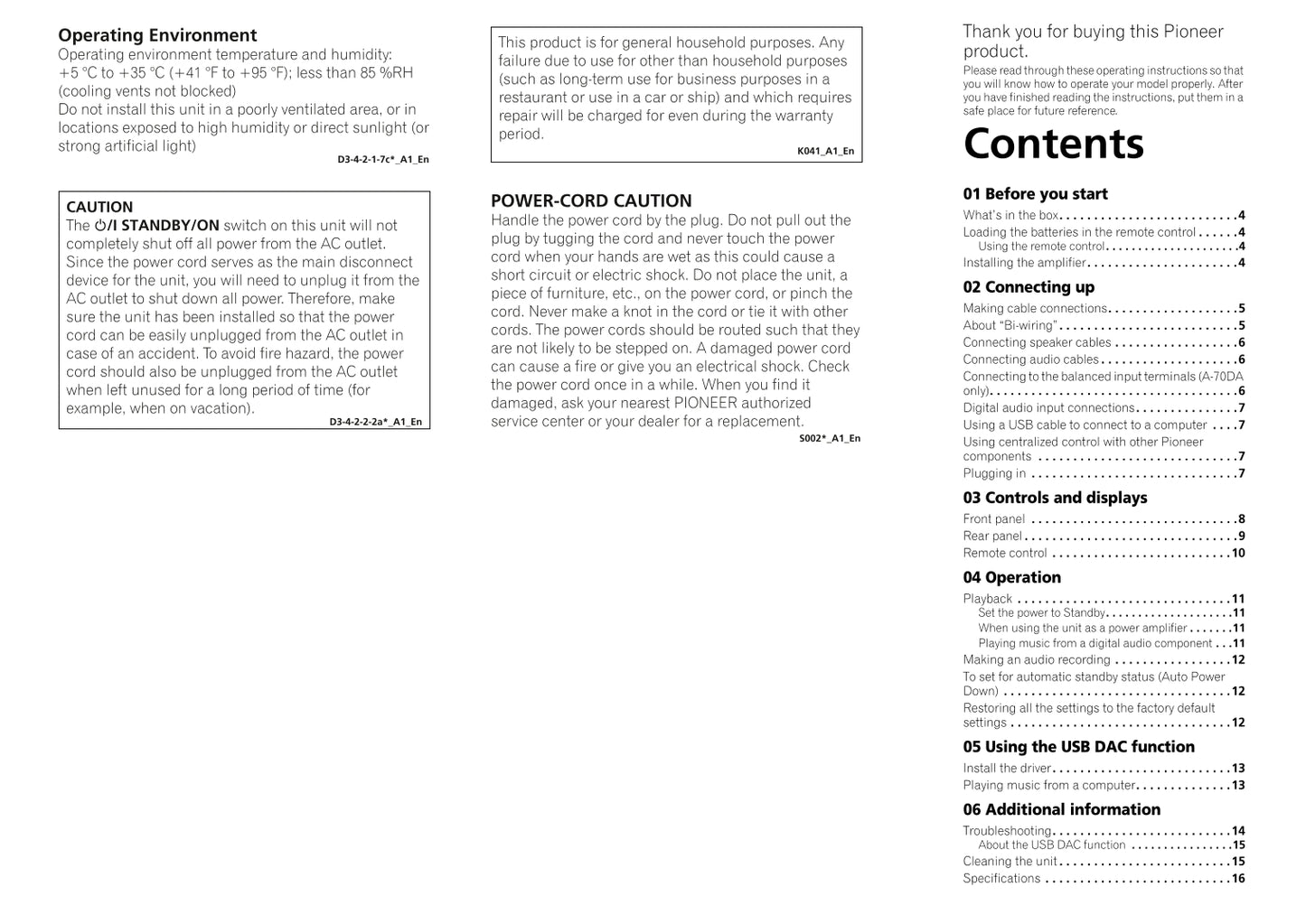 Pioneer A-50DA & A-70DA Amplifier Owner/ User Manual (Pages: 17)