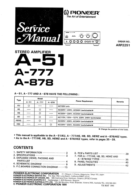 Pioneer A-51, A-777 & A-878 Amplifier Service Manual (Pages: 24)