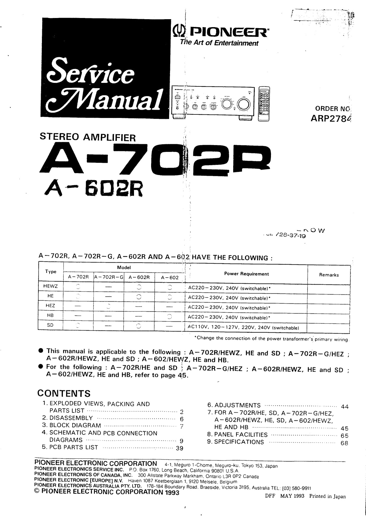 Pioneer A-602R & A-702R Amplifier Service Manual (Pages: 37)