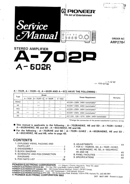 Pioneer A-602R & A-702R Amplifier Service Manual (Pages: 37)