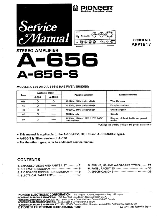 Pioneer A-656 & A-656-S Amplifier Service Manual (Pages: 28)