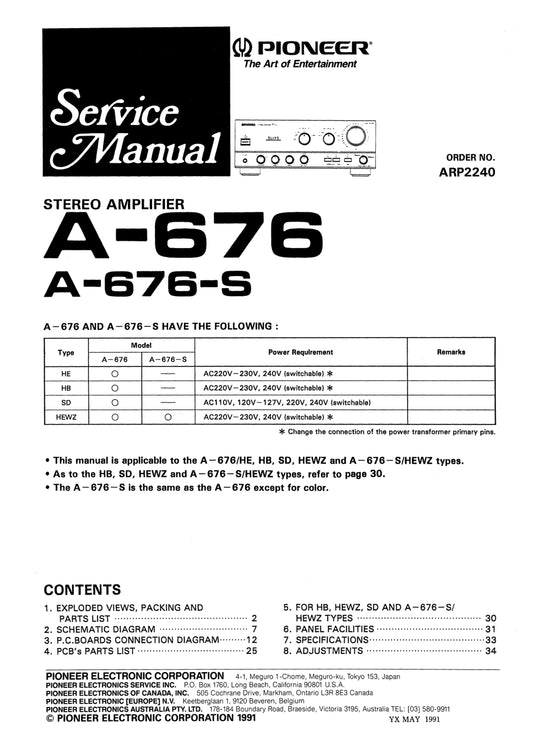 Pioneer A-676 & A-676-S Amplifier Service Manual (Pages: 35)