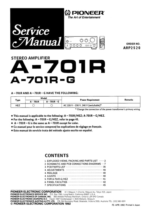 Pioneer A-701R & A-701R-G Amplifier Service Manual (Pages: 24)