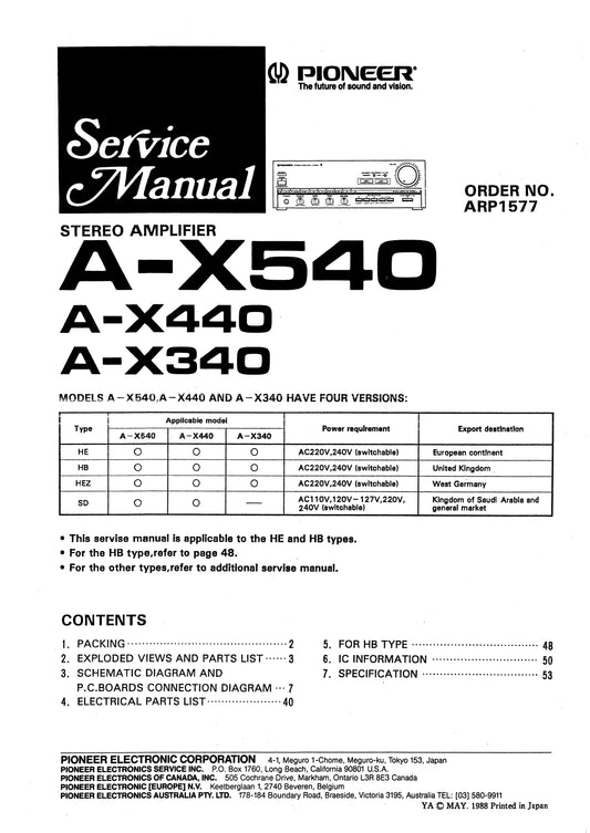 Pioneer A-X340, A-X440 & A-X540 Amplifier Service Manual (Pages: 36)