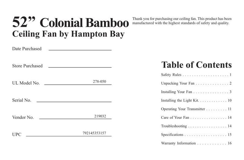 Hampton Bay AC375 Colonial Bamboo 52 in. Ceiling Fan Ceiling Fan Operating Manual