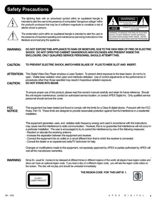 Apex AD1000 DVD Player Operating Manual